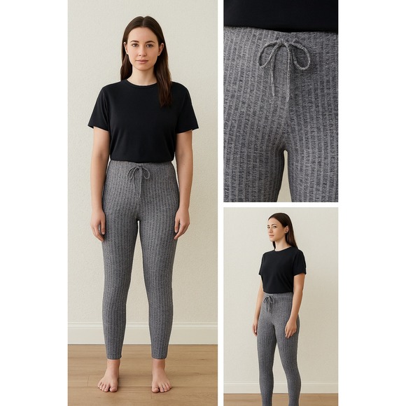 Textured Ribbed Leggings Pants Size Med. Gray Slim Fit Stretch Lounge Athleisure - Picture 1 of 8